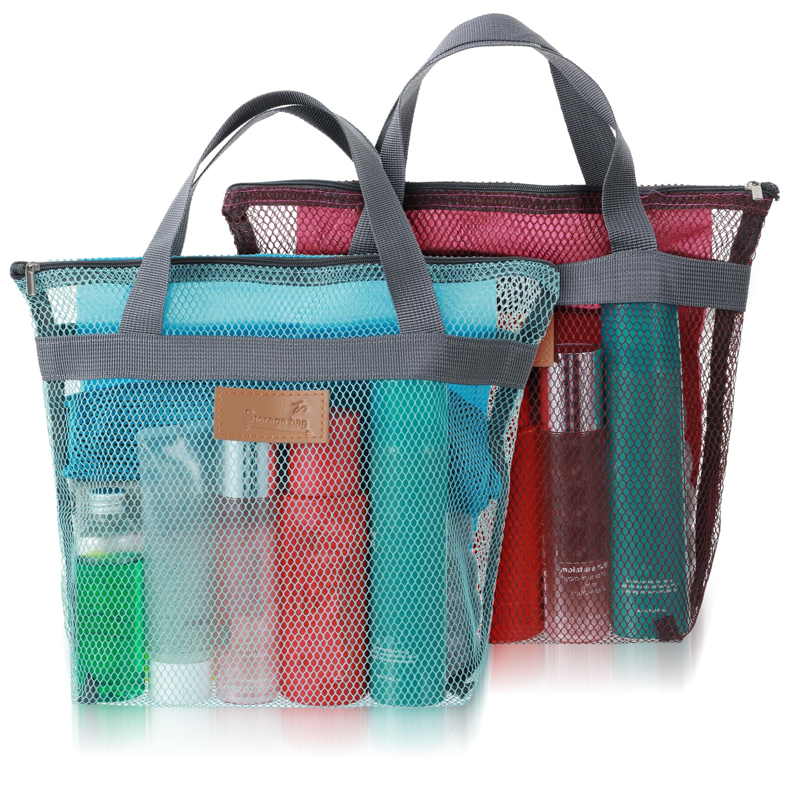 Photo 1 of Classicseali 2pcs Shower Caddy for Camping, 12 x 12In Quick Dry Portable Mesh Shower Bag with Zipper for Travel, Gym, Swimming, Camping, College Dorms, Beach, Sky Blue & Wine Red Mesh Shower Caddy Bag