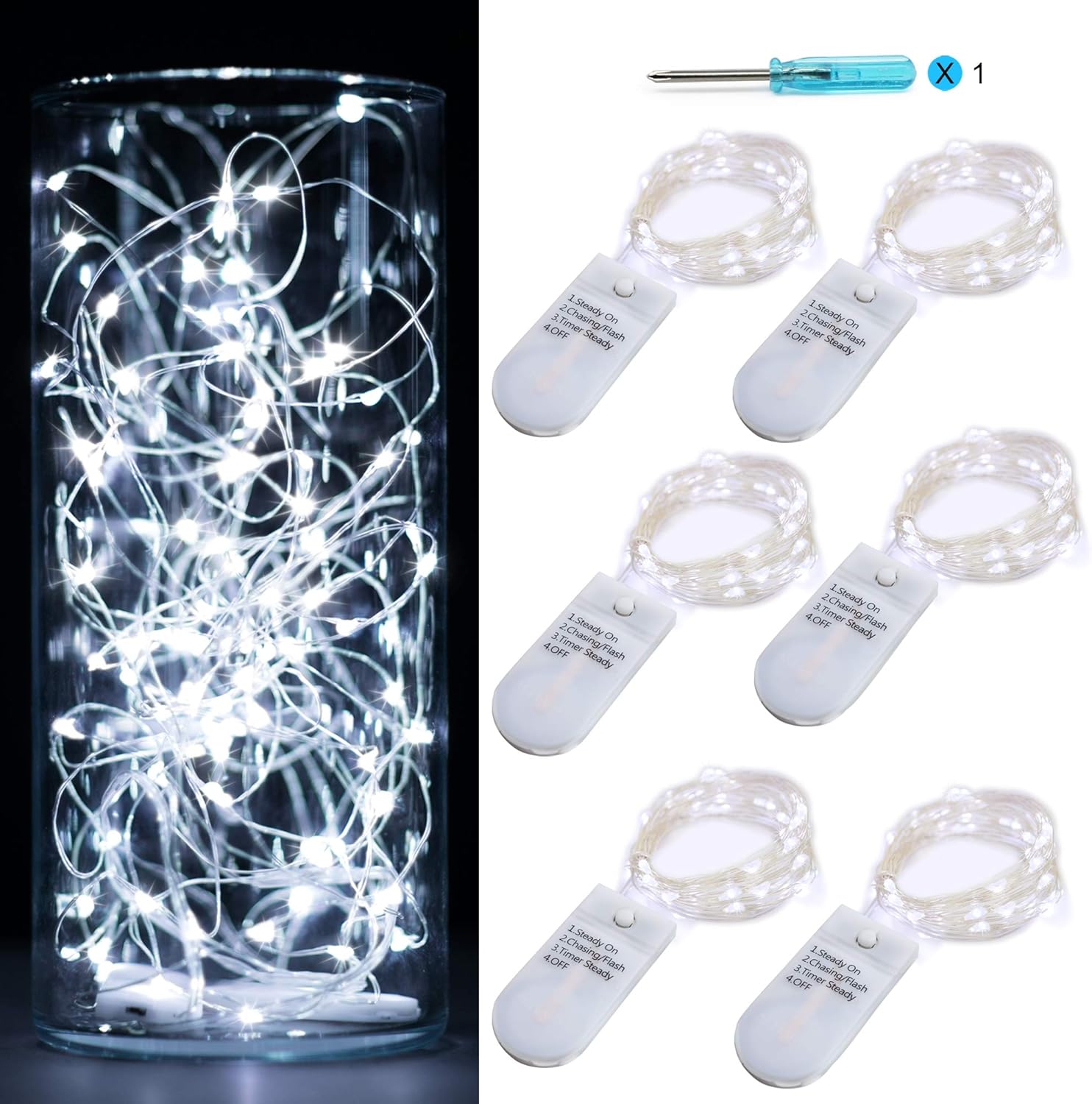 6PCS Timer Fairy Lights 3 Modes Twinkle Lights 20 LED Starry String Lights on 6.5ft Silver Wire,Fairy Lights Battery Powered 2xCR2032-4days(6hour per day) Party,Wedding,Christmas Tabel Decor,White