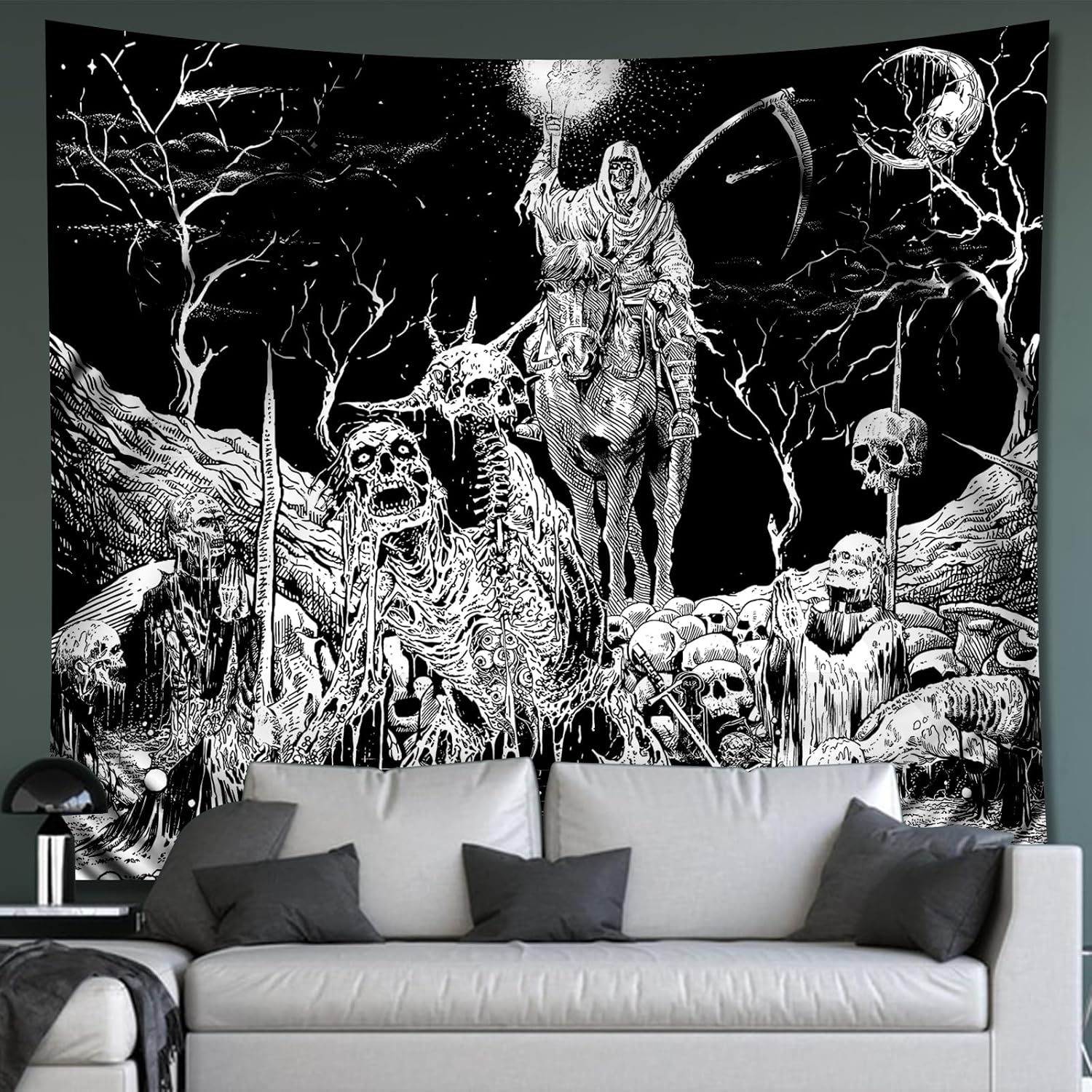 Tapestries - Black and White Goth Skull Tapestry for Bedroom, Gothic Skeleton Halloween Wall Tapestries Aesthetic, Horror Goth Ghost Rider Night Sky Moon Dark Wall Hanging Decor for Living Room (60'' x 79'')