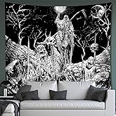 Black and White Goth Skull Tapestry for Bedroom, Gothic Skeleton Halloween Wall Tapestries Aesthetic, Horror Ghost Rider Night Sky Moon Dark Wall Hanging Decor for Living Room (51'' x 60'')
