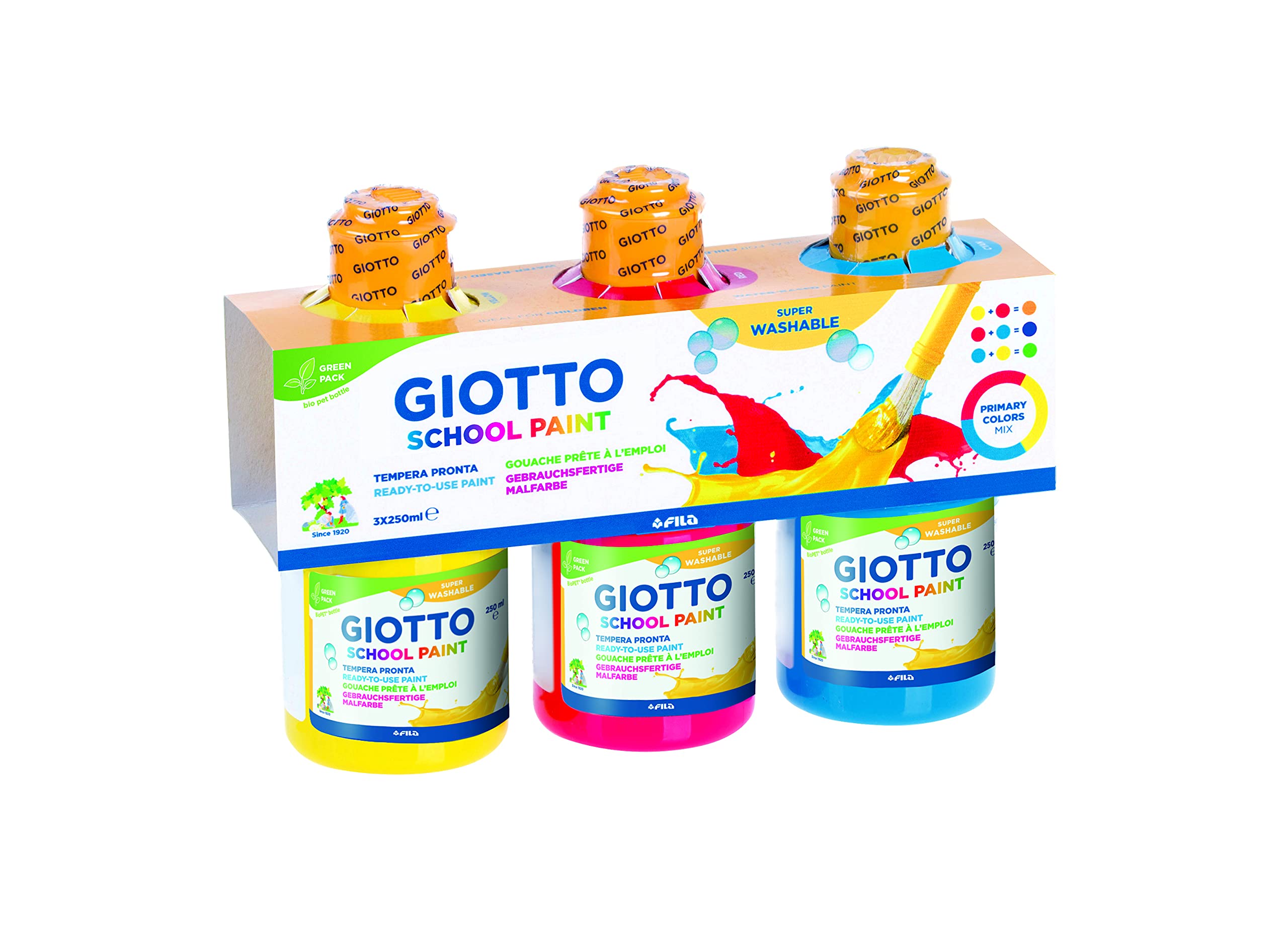 GIOTTO Super Washable School Paint, Ready to Use, 3 x 250ml Classic Colours, For Children, Parties and Schools