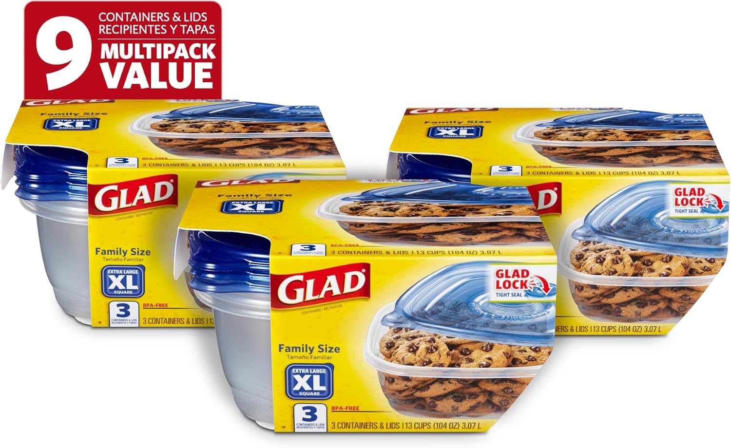 Glad Family Size Food Storage Containers, XL Square (104 Oz) 3 Count