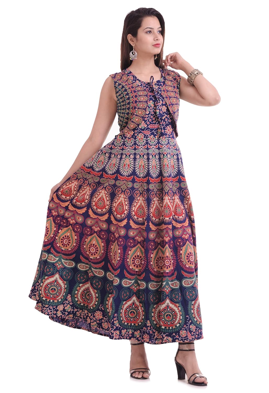 theurbanstreet cotton women's maxi long dress jaipuri printed with atteched jacket (all sizes available)