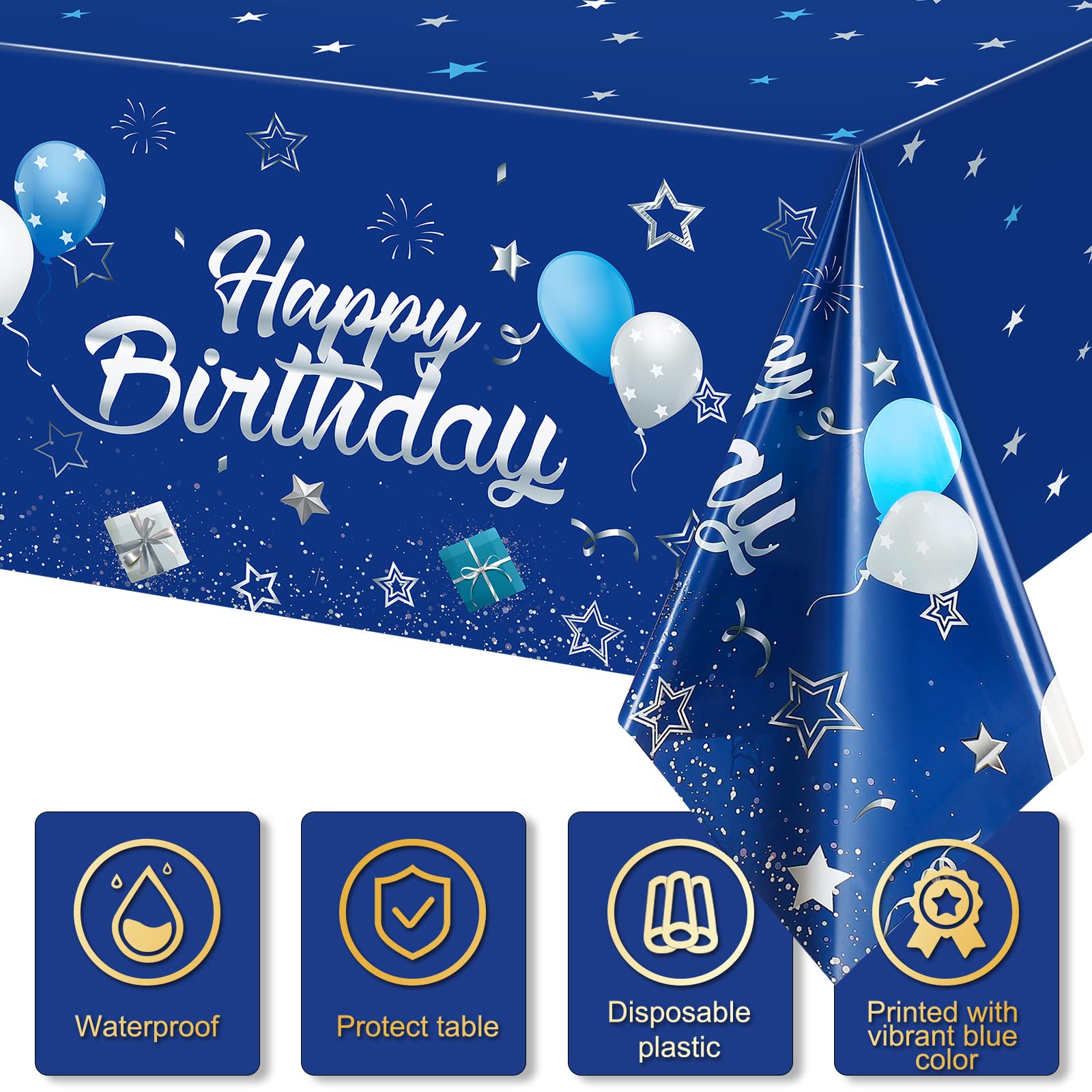 Tegeme Navy Blue Party Supplies Stars Happy Birthday Tablecloths Starry Confetti Table Covers for Kids Boys Girls Baby Shower Birthday Party Decorations(Navy Blue and Silver,3 Pack)