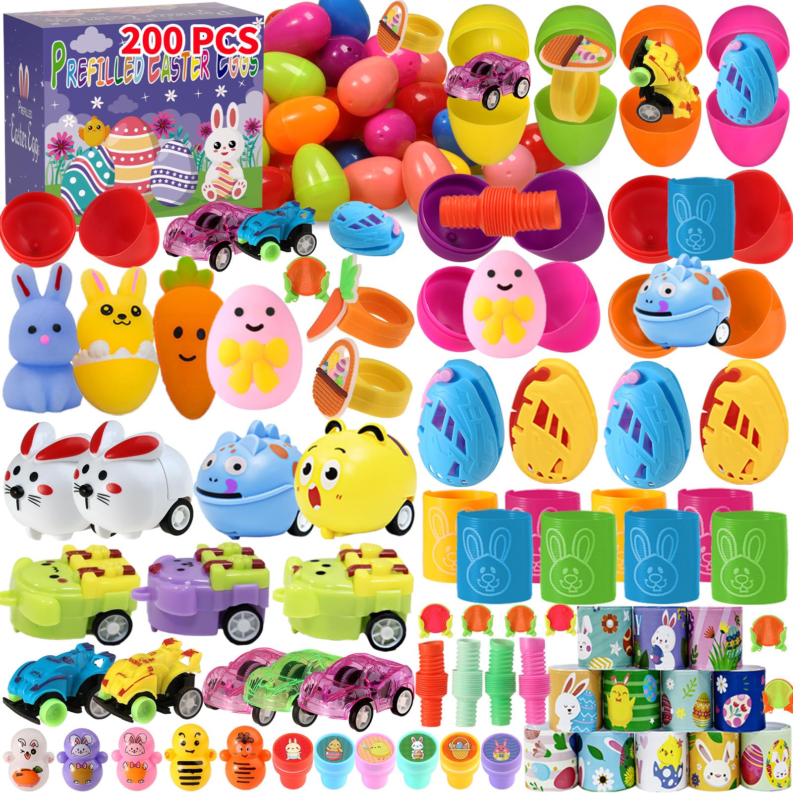 200pcs Bulk Prefilled Easter Eggs with Toys, Filled Easter Eggs for Kids Hunt Party Supplies, Basket Stuffers & Classroom Prizes, Pre-filled Easter Eggs with Toys for Fun Events and Surprises