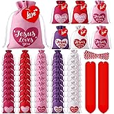 Sweetude 50 Pcs Valentine's Day Burlap Gift Bags with Heart Tag 4 x 6 Inch Jesus Loves You Small Drawstring Bags Reusable Goody Treat Pouches for DIY Crafts Wedding Favors Easter Christian Religious