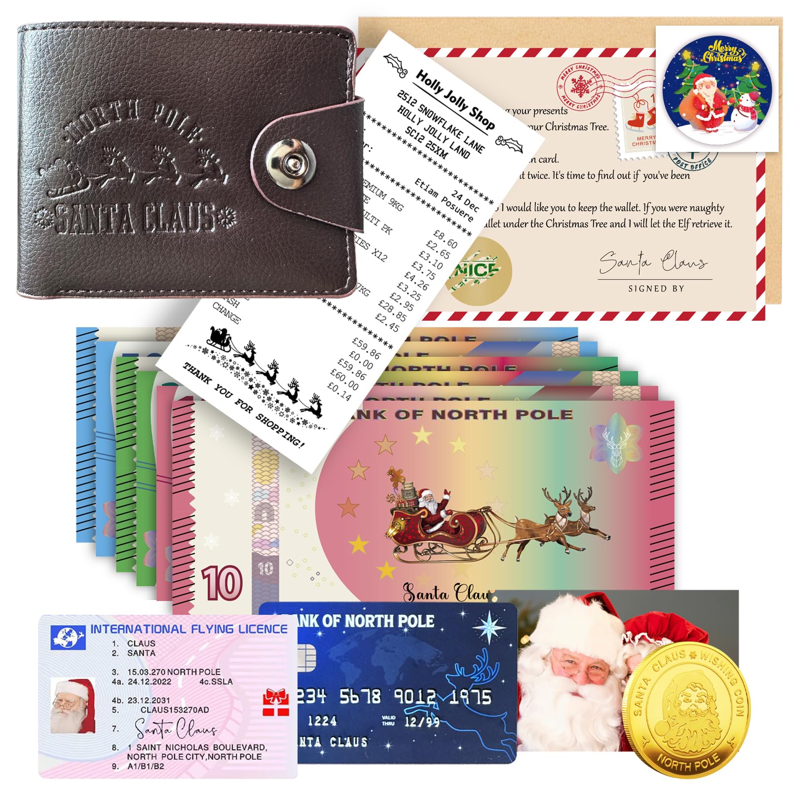 PopManko Santa's Lost Wallet, Santa Lost Wallet Set for Kids, Santa Evidence Kit, Secret Santa Gifts for Kids, Santa Claus Accessories, Coin, Driving Licence, Receipt, Photo, Nice List Scratch Card