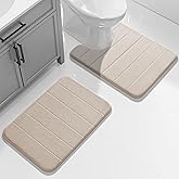 Yimobra U-Shaped Toilet Bath Mat Set 2 Piece - Super Soft Absorbent Quick Dry Memory Foam Bathroom Rugs, Machine Washable Non Slip Floor Carpet for Tub Shower & Single Sink (17x24 & 24x20, Beige)