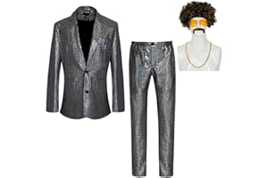 TAAMLOU Men's Disco Costume Shiny Sequin Suits Set 70s Party Outfits