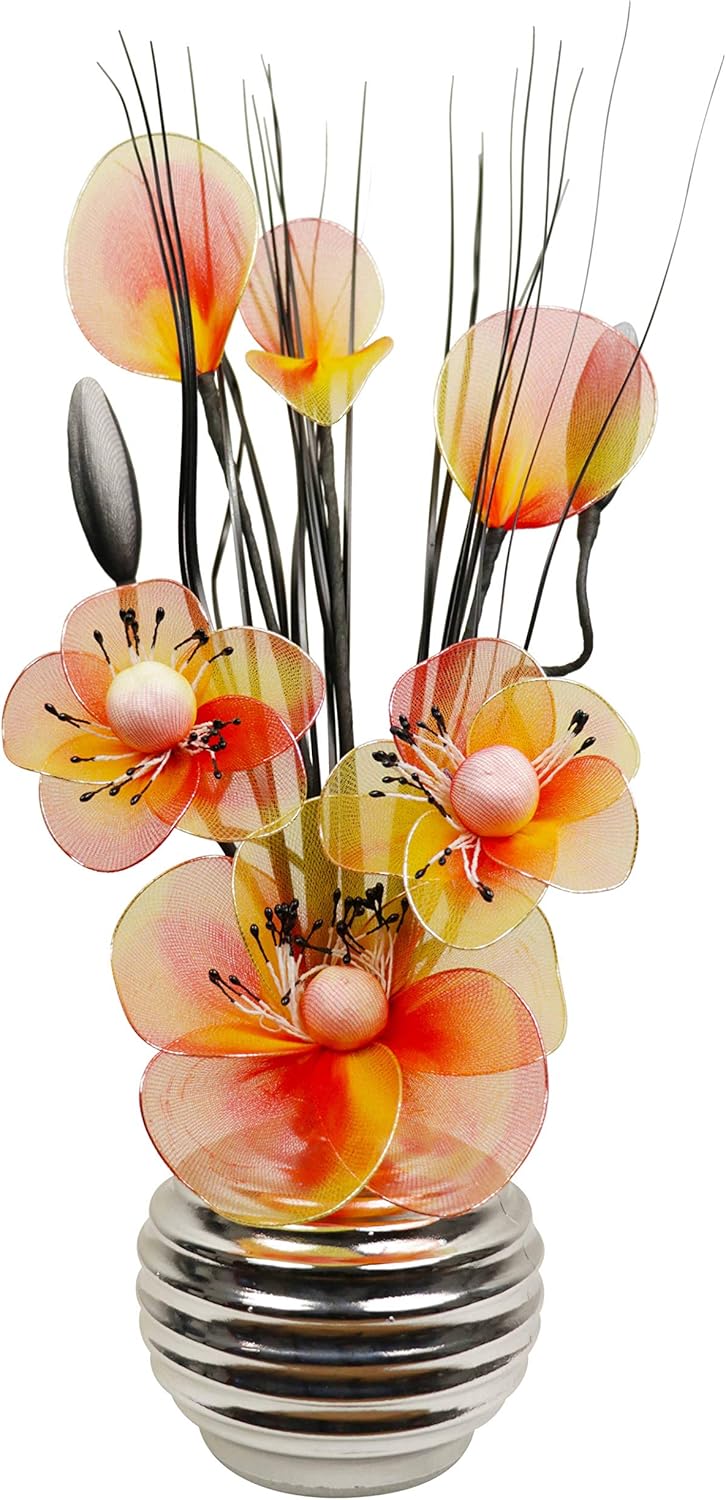 Silver Vase with Orange Artificial Flowers, Ornaments for Living Room