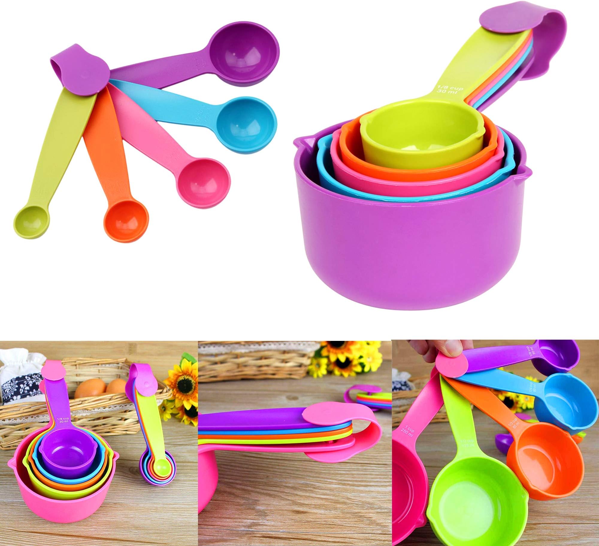 VESZON® Colorful Plastic Measuring Cups and Spoons, Measurement Cup and Spoon for Kitchen Cooking and Baking, Set of 10 (Color May Vary)
