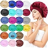 COMNICO 22 Pcs Silk Hair Bonnet for Sleeping, Elastic Wide Band Satin Bonnets Reusable Soft Sleep Cap Solid Color Large Bathing Shower Cap for Women Curly Hair
