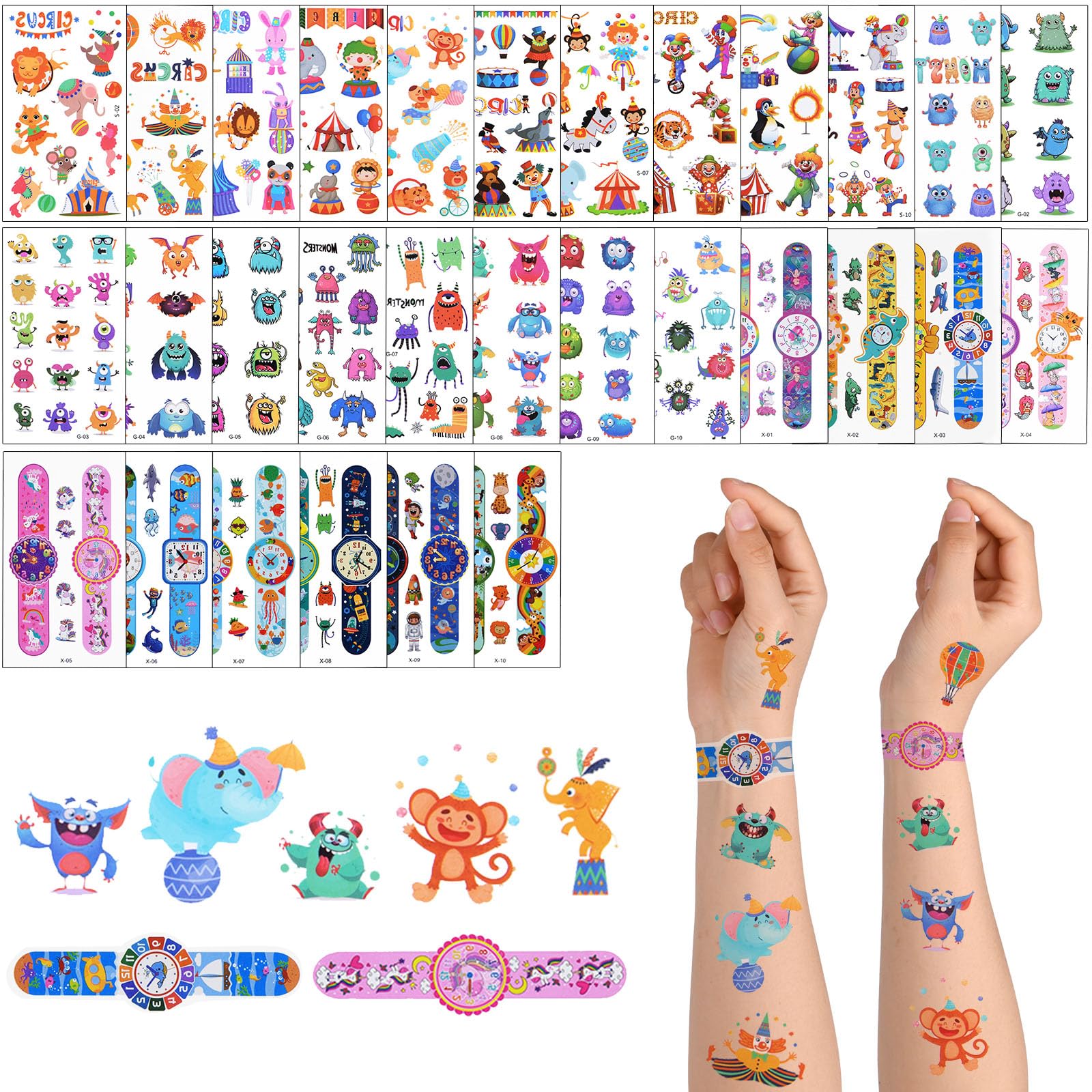 ACWOO Temporary Tattoo for Kids, 30 Sheets Watch & Little Monster & Circus Cartoon Tattoo, 390+ Patterns Mixed Style Temporary Tattoo Stickers, Waterproof Fake Tattoo for Birthday Party Bag Filler
