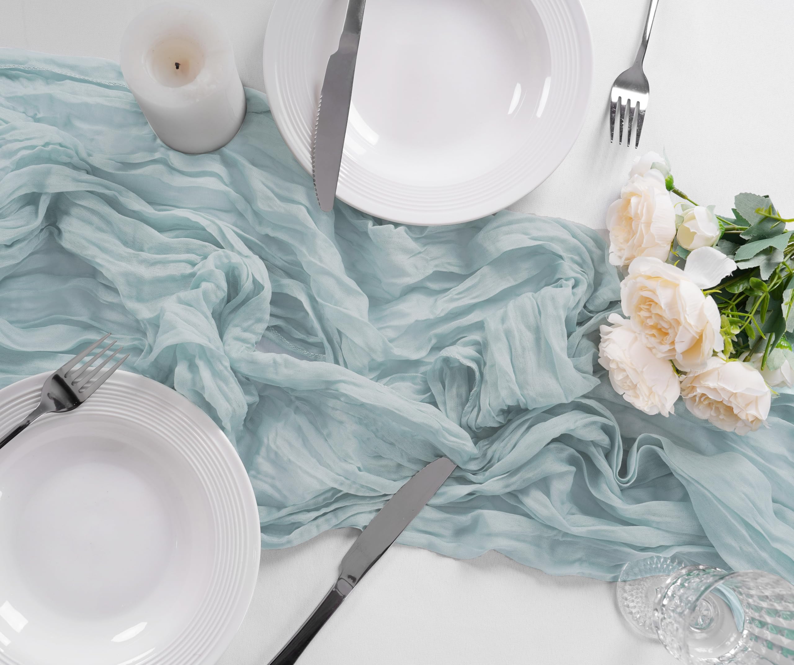 Photo 1 of Bailarina 12 Pack Cheesecloth Table Runner 17x108 Inch Long Gauze Cheese Cloth 9ft Wrinkled Sheer Table Runner for Wedding Reception Birthday Party Table Decoration (Light Blue)