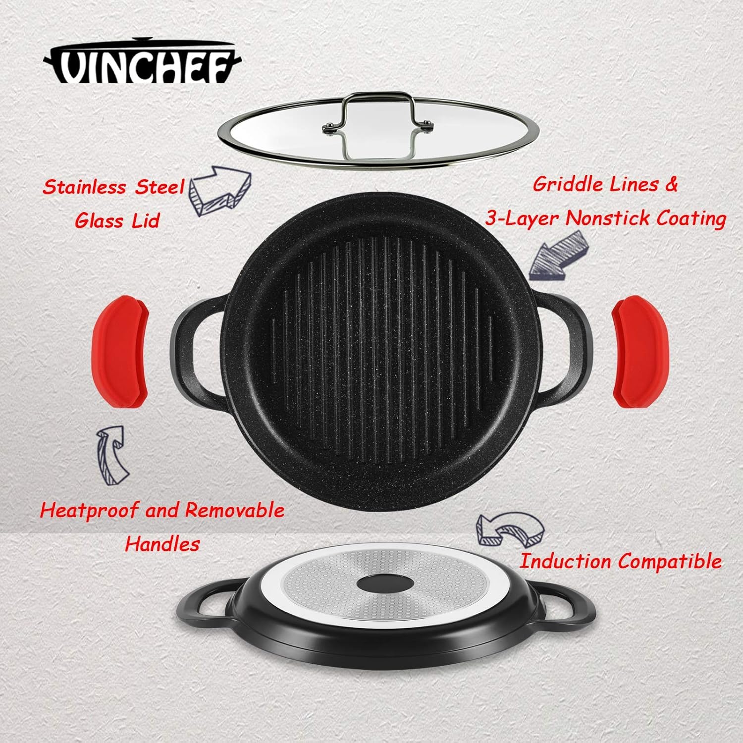 Vinchef Grill Pan Non-Stick| 13.0", Hard Anodized Aluminum Griddle Pan with Lid and Anti-Scalding Tools, GRANITEC Nonstick Coating The Whatever Pan, Dishwasher & Oven Safe Cookware, Black: Kitchen & Dining