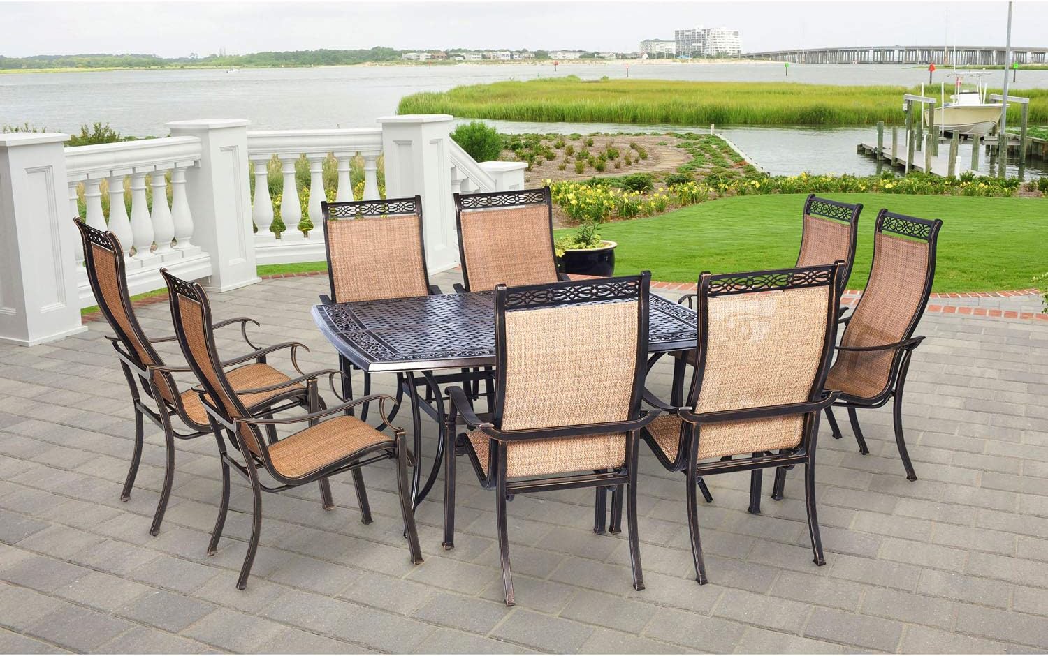 Hanover Manor 9-Piece Outdoor Patio Set with 8 PVC Sling Chairs and Rust-Free, Weather-Resistant Aluminum 60" Square Dining Table, Cedar