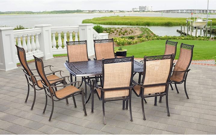 Amazon Com Hanover Mandn9pcsq P Manor 9 Piece Rust Free 8 Pvc Sling Chairs And Aluminum Square T Outdoor Patio Dining Set Garden Outdoor