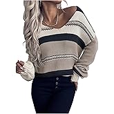 GORGLITTER Women's V Neck Striped Sweater Oversized Trendy 2025 Fall Holiday Cute Colorful Long Sleeve Pullover Tops