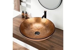 YIMAI INGENUITY YIMAI 16" Gold Glass Vessel Sink Tempered Glass Above-Counter Bathroom Sink Bowl, Countertop Vanity Basin with Matching Faucet & Pop-Up Drain Included, Easy Install for Master or Powder Room