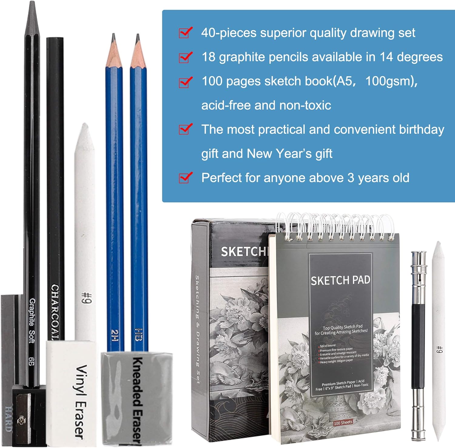 Drawing Pencils Sketch Art Set-40PCS Drawing and Sketch Set Includes 18 Sketching Graphite Pencils, Graphite and Charcoal Pencils, 100Pages Sketch Pad and Accessories : Office Products