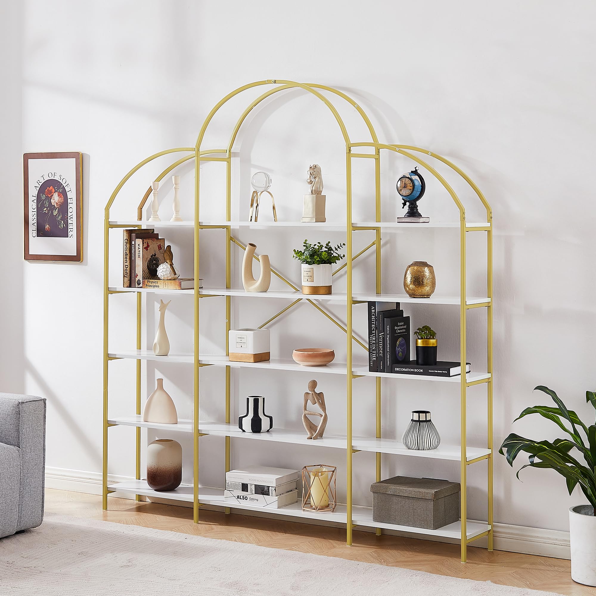 Photo 1 of Merax 5 Tiers Bookcase, Triple 78 Inch Bookshelf Display Shelf Rack for Home Office, Crown-Shape Top, X Bar Frame