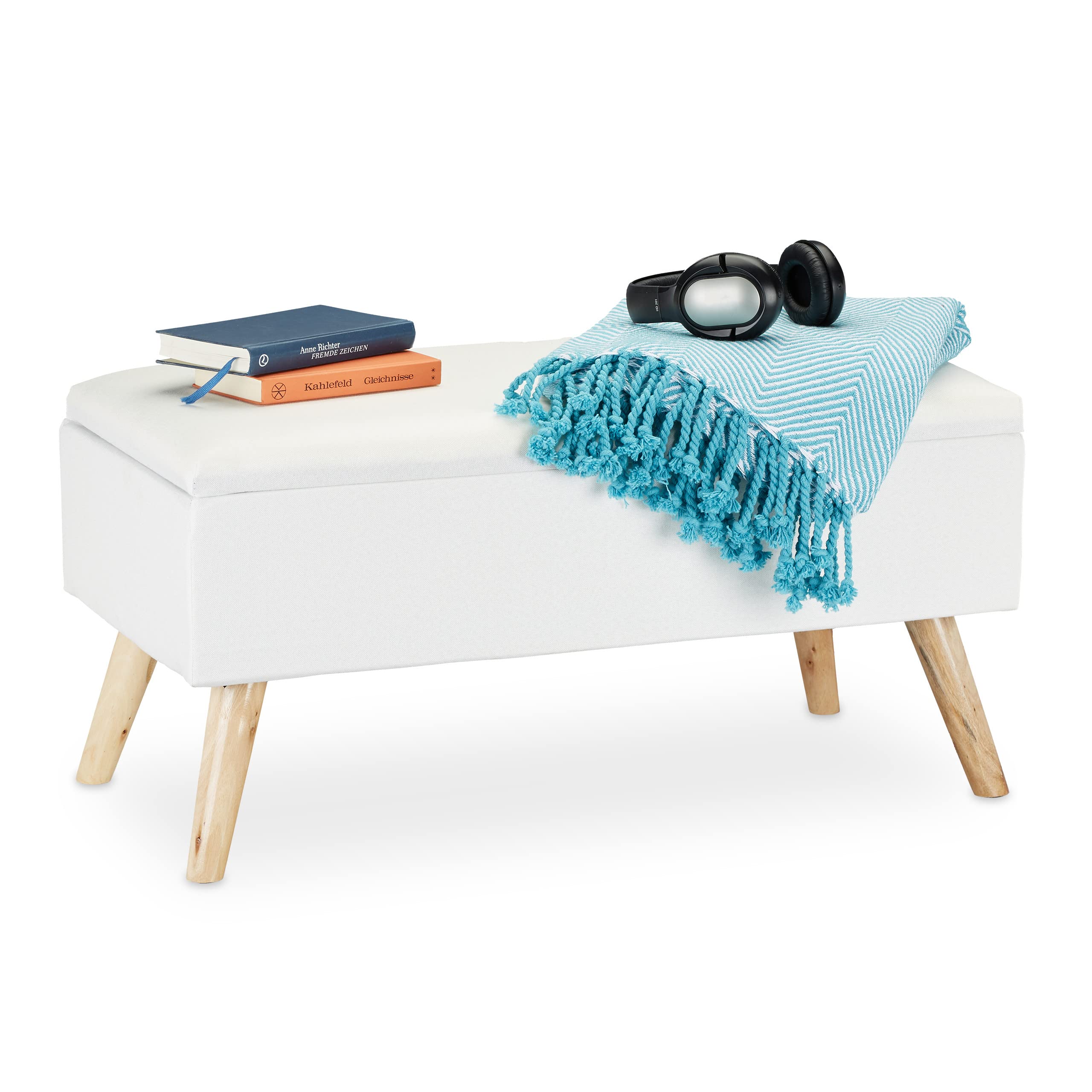 Relaxdays Hallway Storage Bench, Padded, Wooden Legs, Fabric Cover,HxWxD:39.5 x 79.5 x 39.5 cm,White