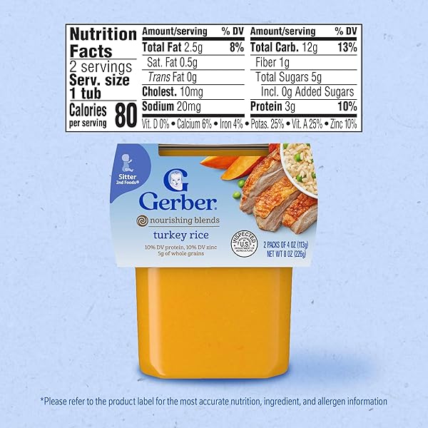 GERBER TURKEY & RICE PUREE BABY FOOD, 4 OZ TUBS, 2 CT