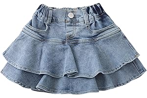 Flofallzique Little Girl's Denim Skirts Mini Flared Pleated Toddler Jean Skorts with Shorts Underneath