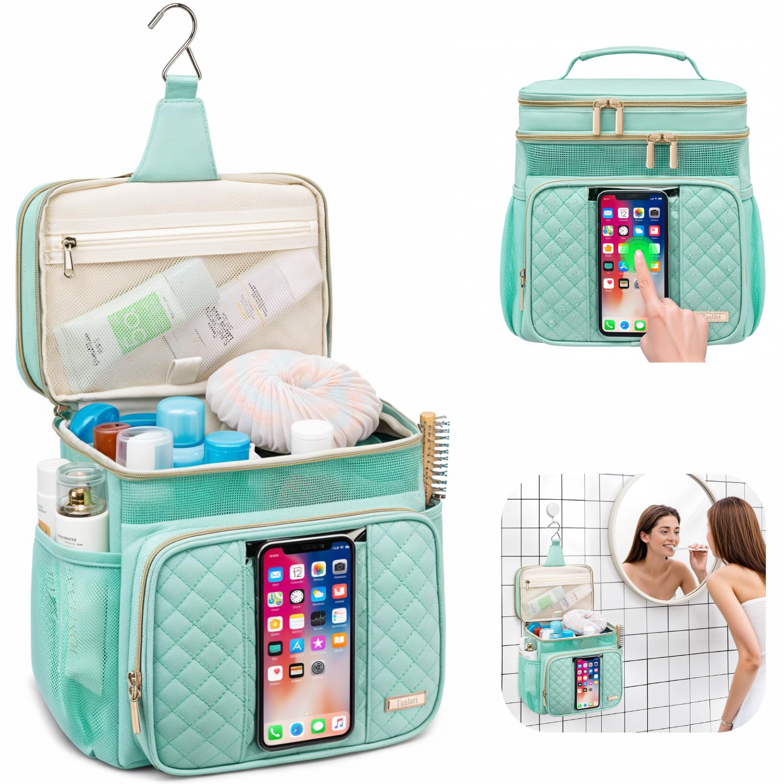 Tealari Large Toiletry Bag for Women Men,Bathroom Bag,Water Resistant Shower Bag,Makeup Bag,Portable Shower Caddy for College Dorm,Hanging Travel Toiletry Bag with Transparent Waterproof Phone Pocket