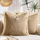 KWLET Boho Pillow Covers 20x20 Inch Farmhouse Decorative Throw Pillow Cover Square Faux Linen Khaki Cushion Case with Tassels Soft Accent Neutral Pillowcase for Couch Bedroom Living Room Set of 2