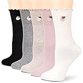 bropapa Womens Crew Socks Ankle Ruffle Socks Fashion Cotton Dress Sock Cute Embroidery Casual Socks 5Pack