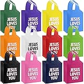 Amylove 48 Pcs Jesus Loves You Gift Bags Bulk Reusable Christian Religious Gift Bag with Handles Non Woven 9.84 x 11.81 Inch Candy Treat Tote for Easter VBS Church Sunday School Jesus Birthday