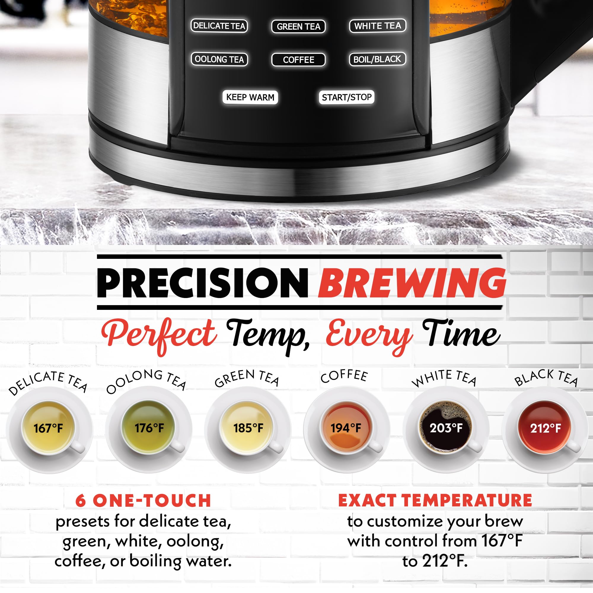 Gourmia Hervidor eléctrico de vidrio programable - Hervidor de té y café con control de temperatura de 1,7 L con pantalla táctil digital, 6 presintonías, mantiene caliente, infusor de acero inoxidable extraíble, base giratoria de 360° - Rojo