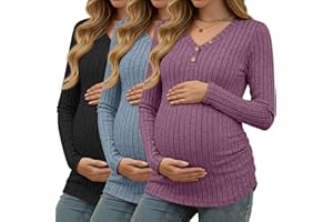 Oakgarden 3 Pack Women's V Neck Maternity Sweaters Long Sleeve Shirts Clothes Pregnancy Henley Tops Ribbed Side Ruched Tunic