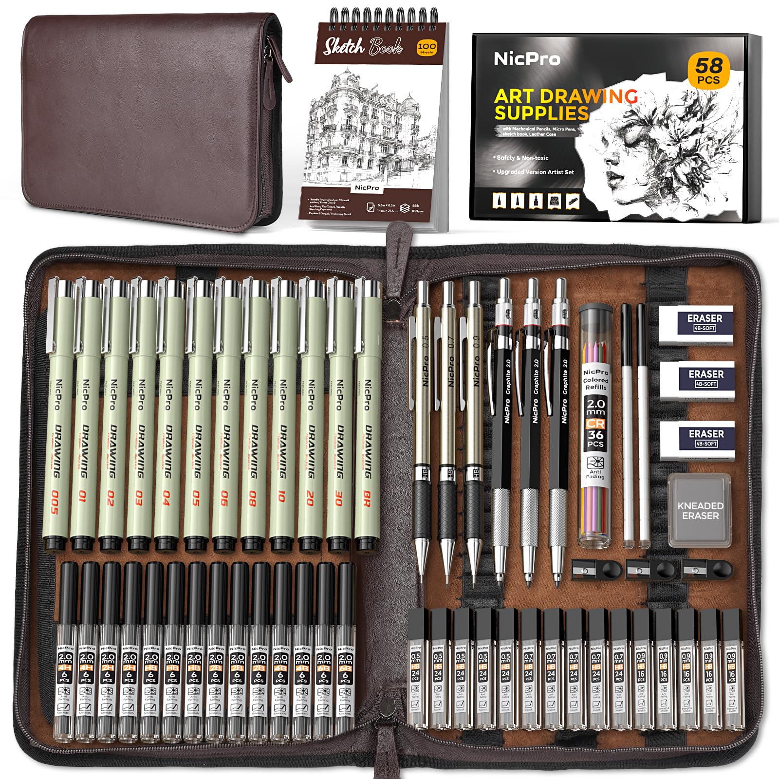 Nicpro 58 PCS Art Drawing Supplies Kit in Leather Case, Art Mechanical Pencil Set with 6 Metal Drafting Pencil 0.5 & 0.7 & 0.9 & 2mm, 12 Micron Pen, Sketch Book, 30 Tube Lead Refills for Sketching