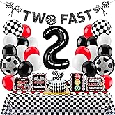 Two Fast Birthday Decor, Race Car Party Supplies Baby Boy 2nd Birthday Decorations Racing Car Party Signs Cake Toppers Foil Balloons Banner Tablecloth Decorations for Boy,Red