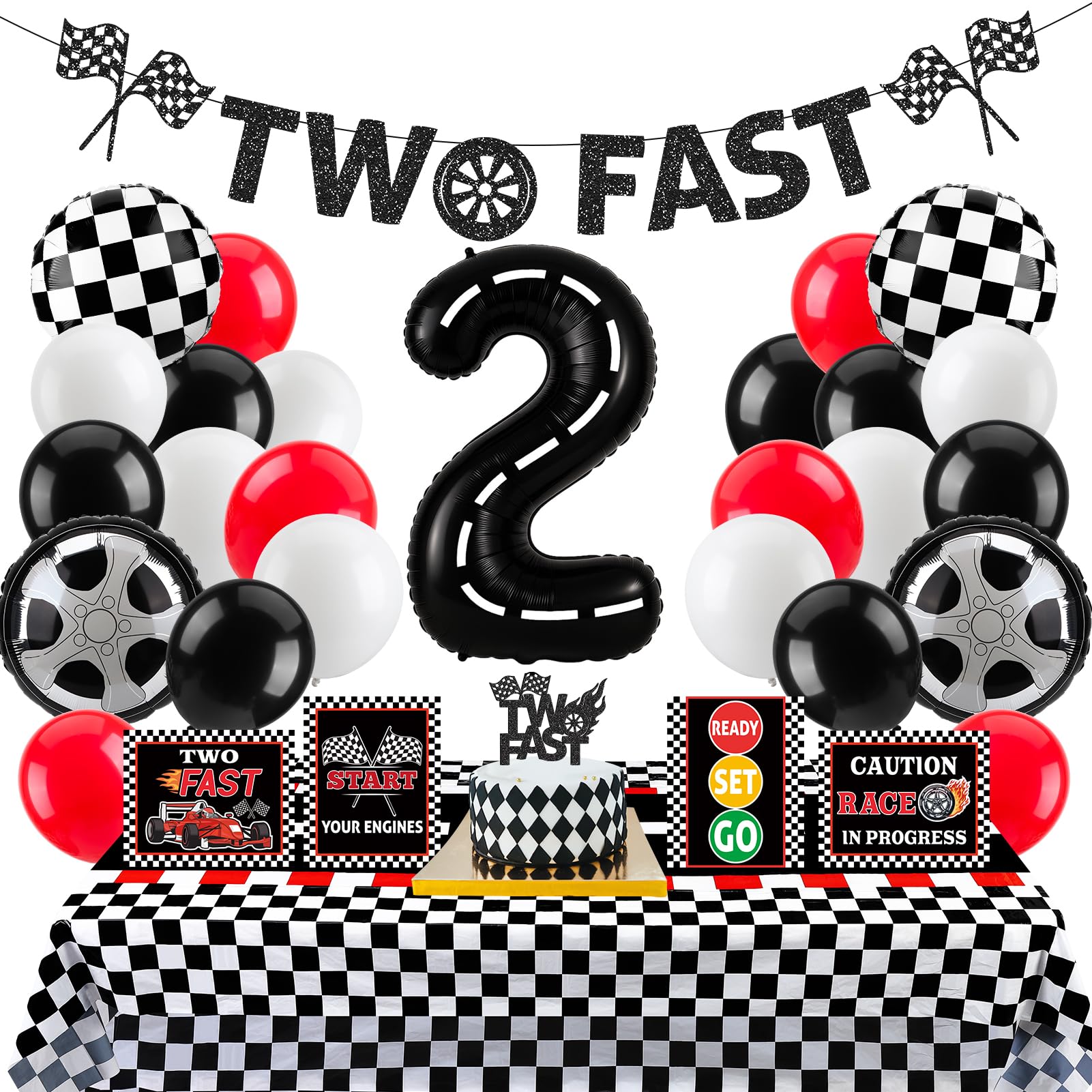 Photo 1 of Two Fast Birthday Decor, Race Car Party Supplies Baby Boy 2nd Birthday Decorations Racing Car Party Signs Cake Toppers Foil Balloons Banner Tablecloth Decorations for Boy