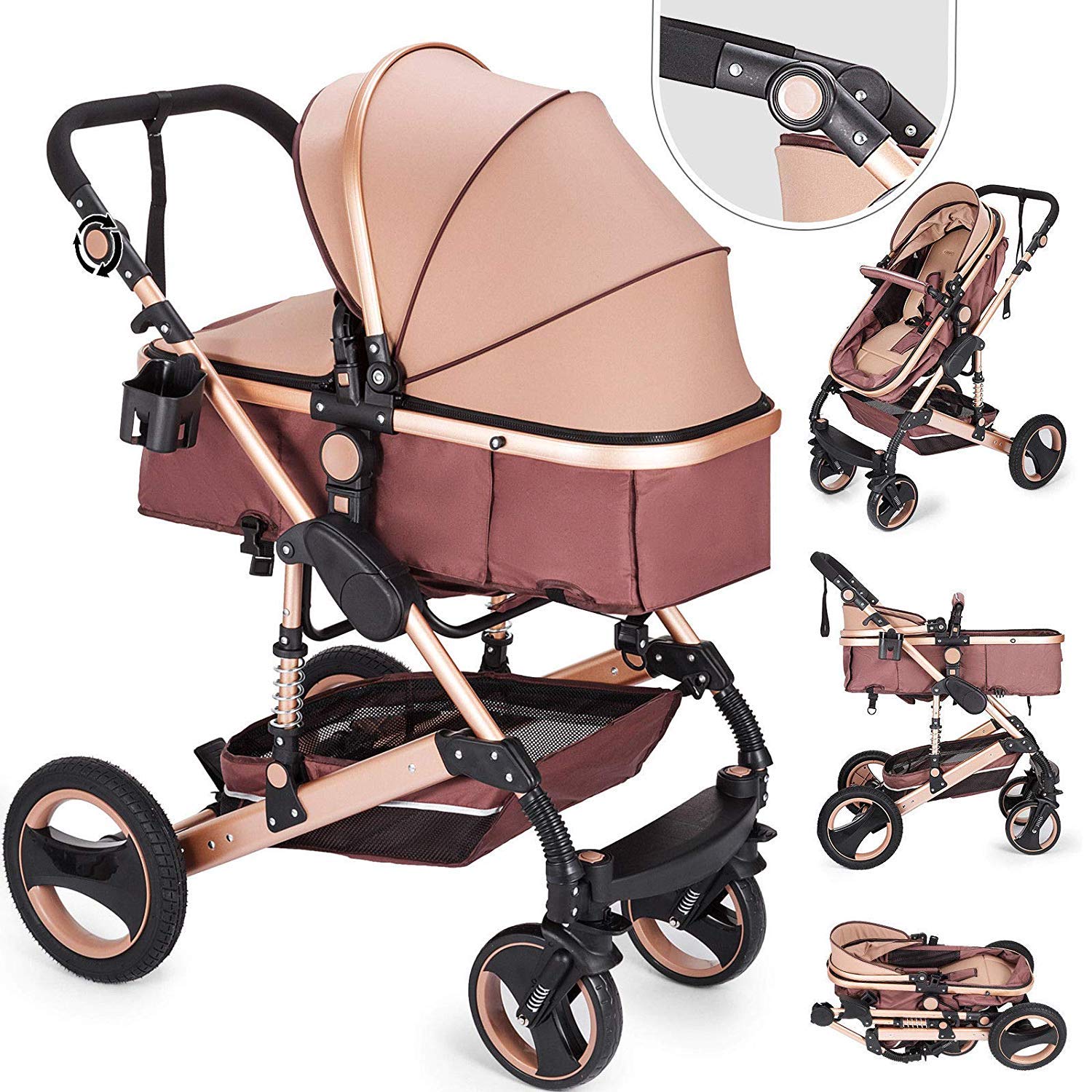 Kinderwagen „California“, 3 in 1 Kombikinderwagen inkl. Sportwagen, zertifiziert nach der Sicherheitsnorm EN1888, Babywanne und Zubehör, Beige