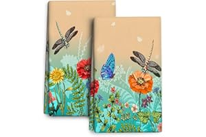 Wovoto Dragonfly Floral Kitchen Towel Decorative Set of 2 Soft Absorbent Hand Towels Spring Summer Kitchen Decor Bloom Flower