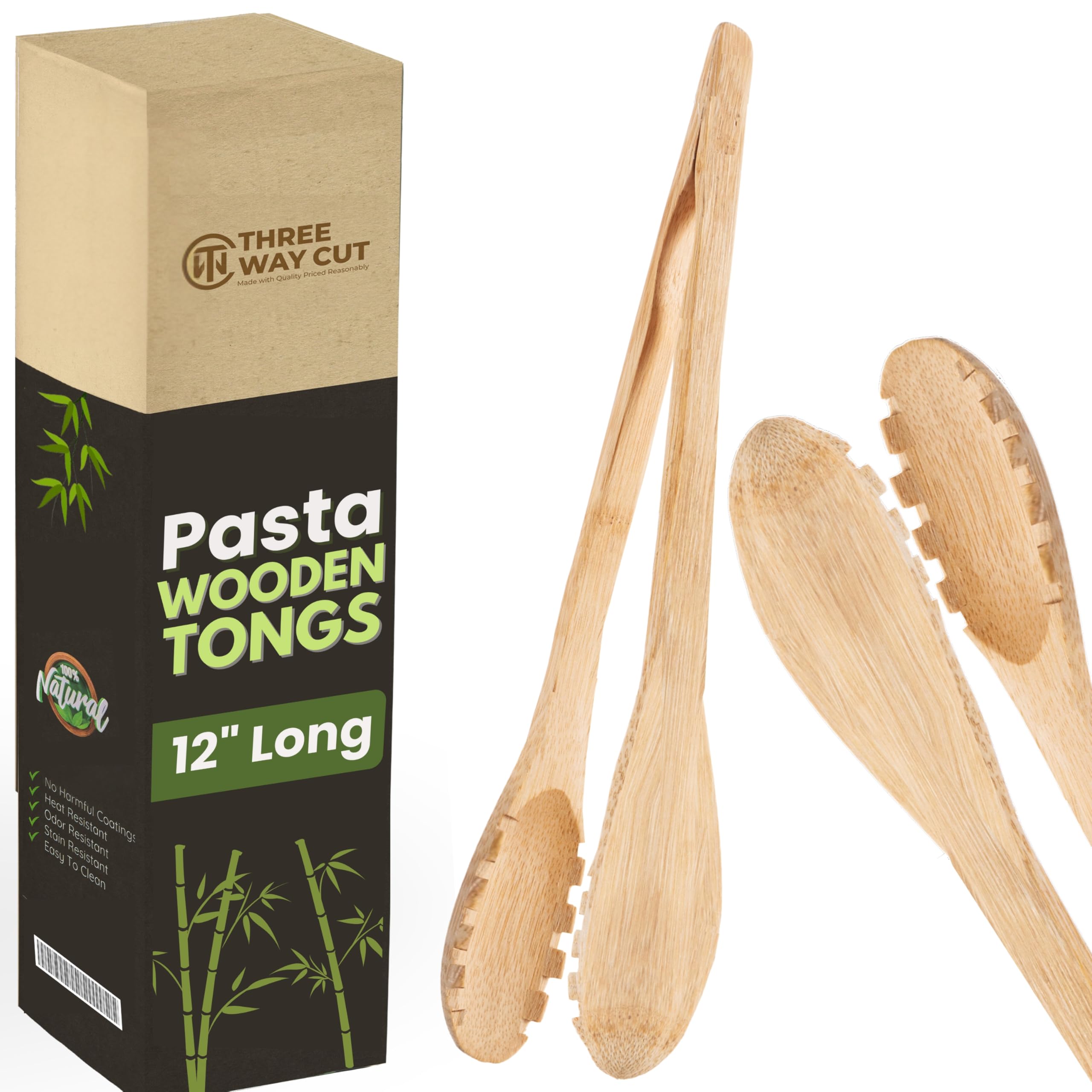 View 1 of 12" Pasta Salad Bamboo Tongs – Natural Wooden Tongs For Cooking & Serving Food, Wooden Kitchen TongsW/Teeth For Pasta Spaghetti Noodles, Salad & Oven Toaster Baking, Heat Resistant Long Wood Tong