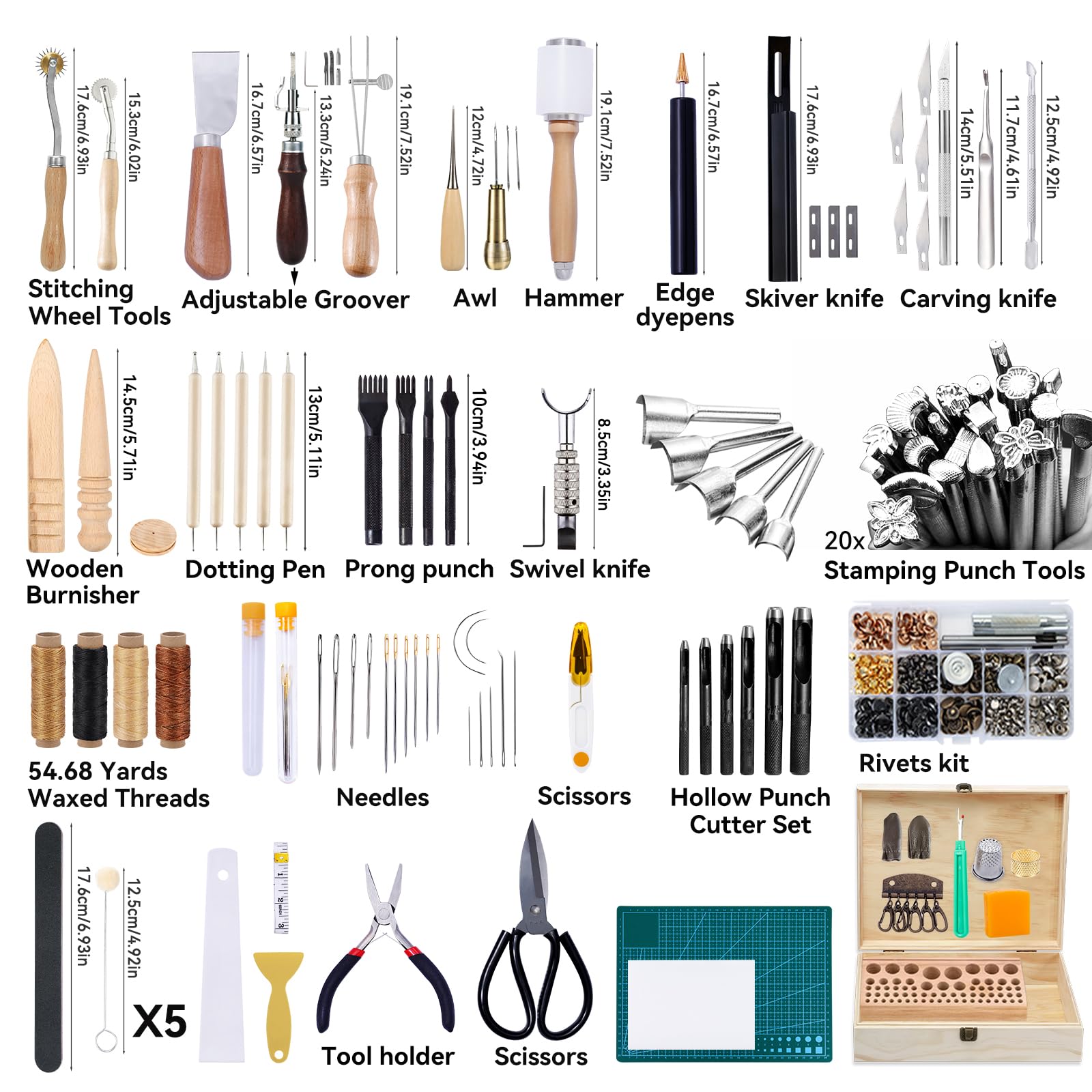 Jupean 458 Pieces Leather Kits, Leather Working Tools, Leathercraft Tools and Supplies with Instruction, Tool Holder, Stamps Set, Prong Punch, Hole Hollow Punch for DIY Craft