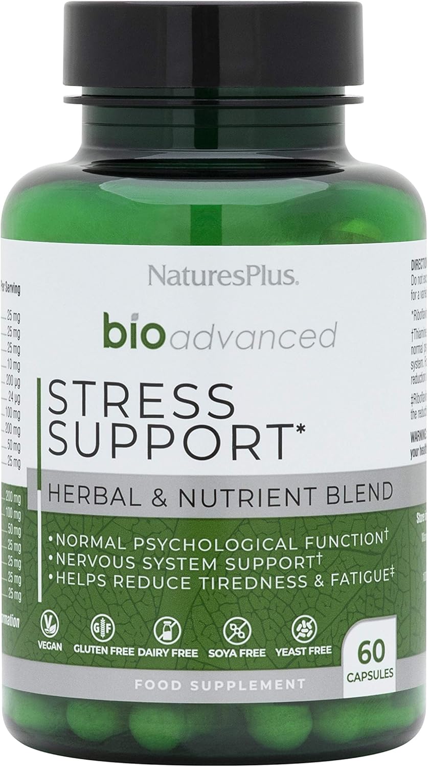 NaturesPlus Bio Advanced Stress Support, Lemon Balm, Ashwagandha, Rhodiola, Holy Basil, L Theanine, B Complex, Magnesium