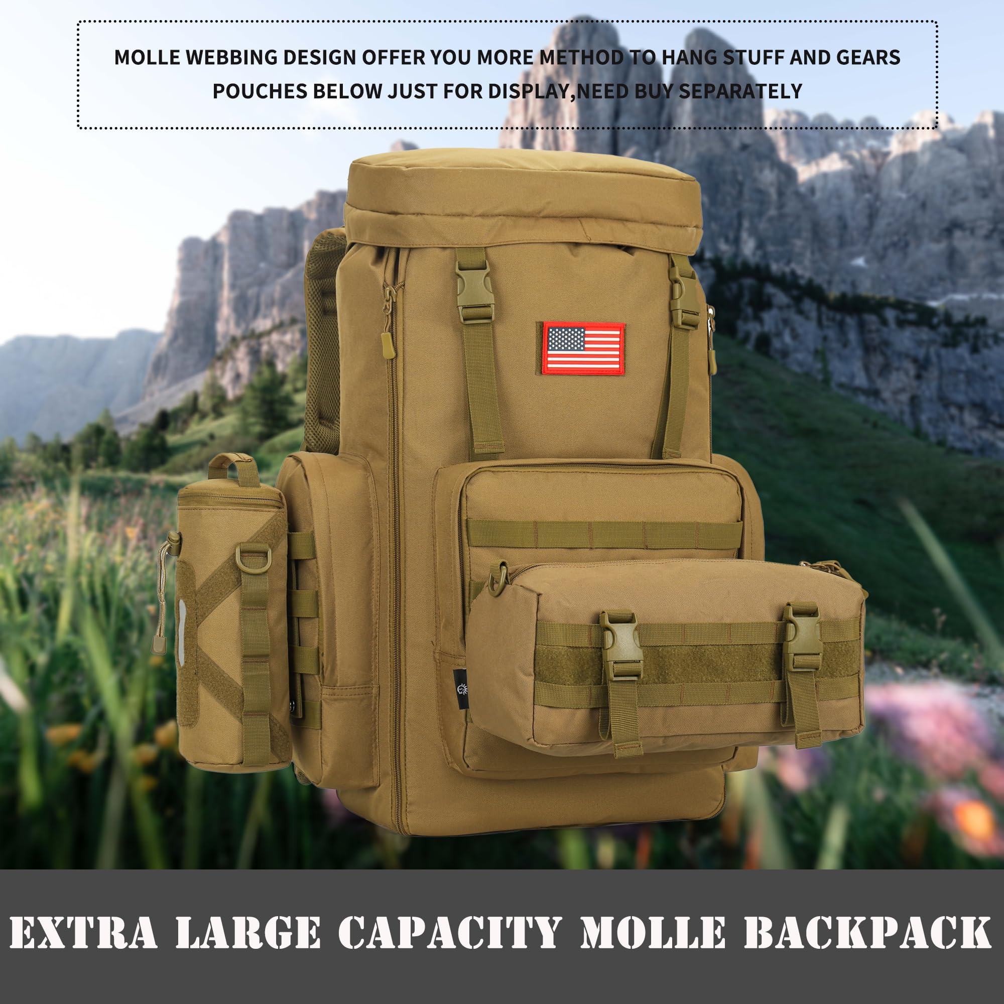 4land Big Camping Backpack for Men, Extra Large Hiking Backpack for Travel, 60L70L85L Oversized Waterproof Military Rucksack
