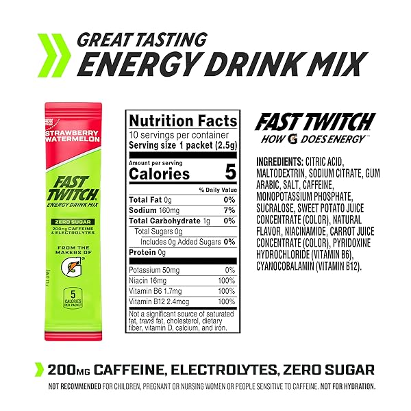 FAST TWITCH ENERGY DRINK MIX FROM GATORADE POWDER STICKS, STRAWBERRY WATERMELON, 0.08OZ PACKETS, 10 PACK, ZERO SUGAR, ELECTROLYTES, CAFFEINE