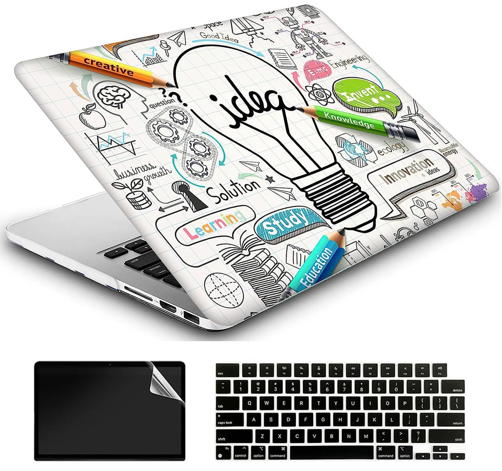 AMCJJ Compatible with MacBook Air 13.6 inch Case 2024 2023 2022 M3 A3113 M2 A2681 Chip Liquid Retina Touch ID, Plastic Hard Shell Case & Keyboard Cover & Screen Protector - Idea Bulb