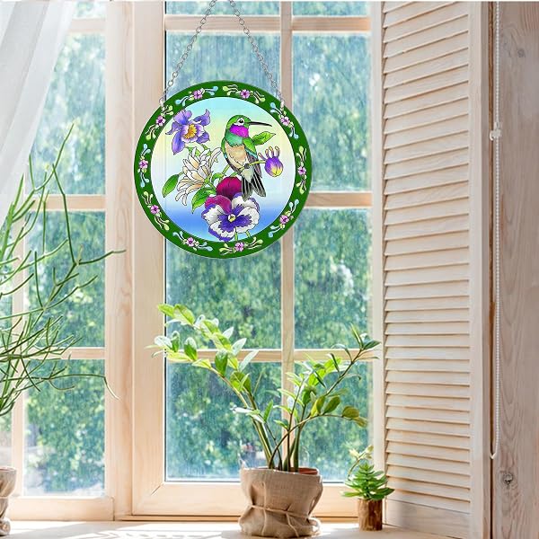 ANFURI HUMMINGBIRD STAINED GLASS SUNCATCHER ROUND, WINDOW HANGING WITH CHAIN & HOOK, GIFT-BOXED FLORAL BIRD WINDOW DECOR, GIFT FOR MOM & GRANDMA (8.6IN)