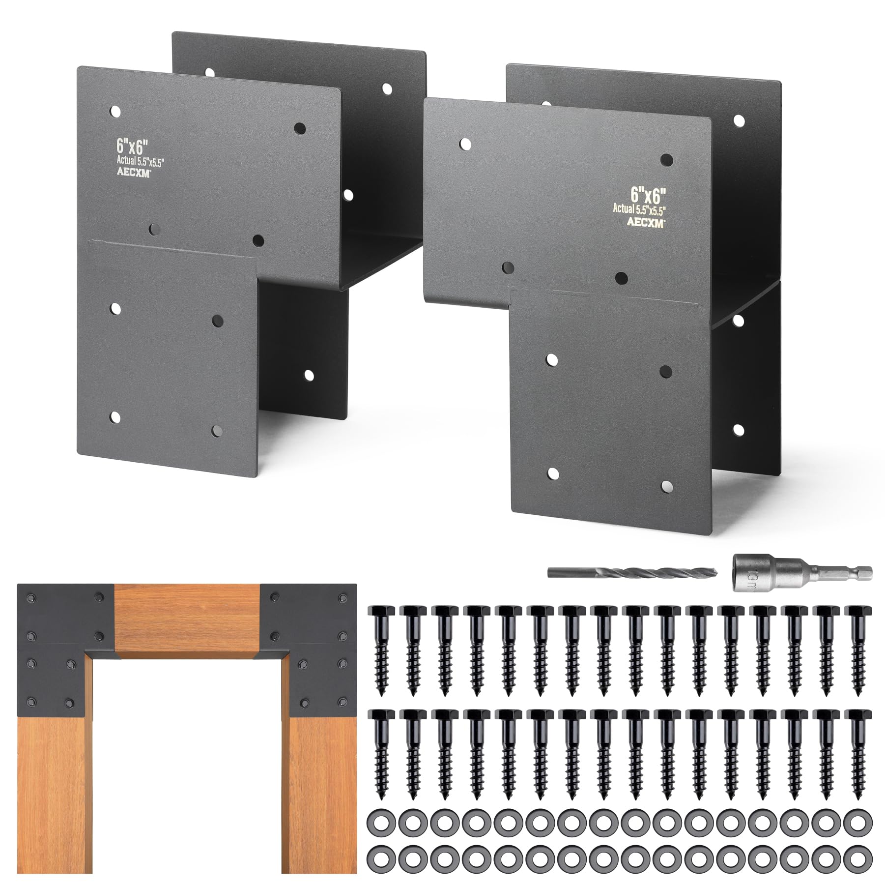 Photo 1 of Aecxm 2Pack 6"x6"(Actual 5.5"x5.5") Pergola Post Cap Tie Bracket Stainless Steel, Heavy Duty Gazebo Post Corner Brackets for Wood, Black Post Beam Connector Brackets with Drainage Holes?End Post?