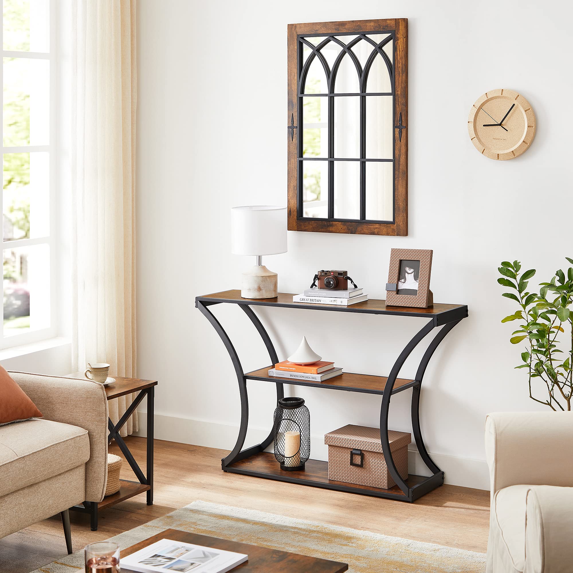 VASAGLE Console Table with Curved Frames and 2 Open Shelves, for Hallway Entryway Living Room, Rustic Brown + Black, 11.8 X 47.2 x 31.5 Inches
