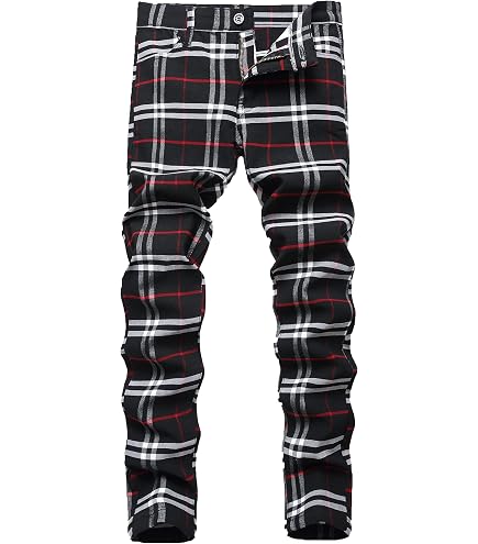 Slim Fit Slacks Plaid Black & Red Dress Pants 7918 (28 X 32) at Amazon Men's Clothing store