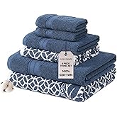 Modern Threads Trefoil Filigree 6-Piece 100% Cotton Towel Set – Reversible Yarn Dyed Jacquard – Includes 2 Bath Towels, 2 Hand Towels, 2 Washcloths – Absorbent, Quick Dry, Soft & Durable – Navy Blue
